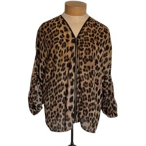 Cleo Apparel Shirt Womens Large Brown Black Leopard Print Sheer Zip Blouse